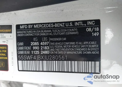 2018 Mercedes-Benz C 300 из США, поврежденный, VIN 55SWF4JBXJU280561